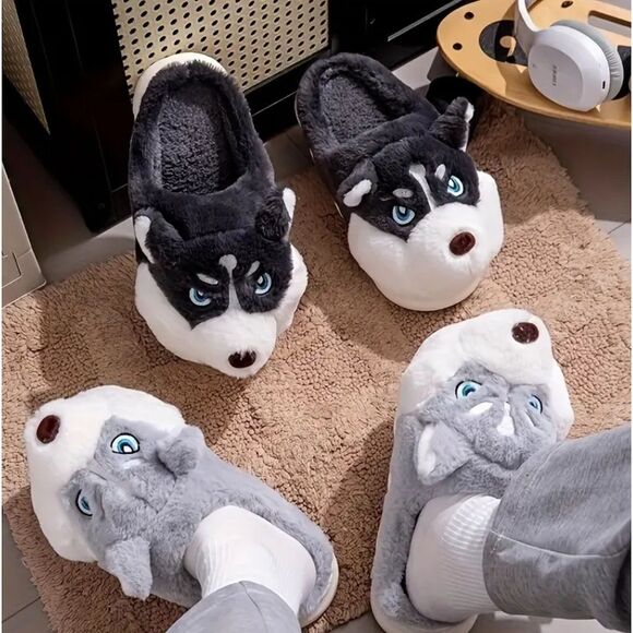 Husky Doggy Slippers Plush Slide on 9.5 Men Loungewear Comfy Cozy Winter - Picture 5 of 7